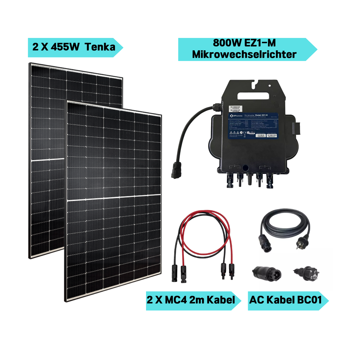 Balkonkraftwerk 800 Watt | APsystems EZ1-M Mikrowechselrichter | 2 x TENKA Bifaziales Glas Solarmodul 455W