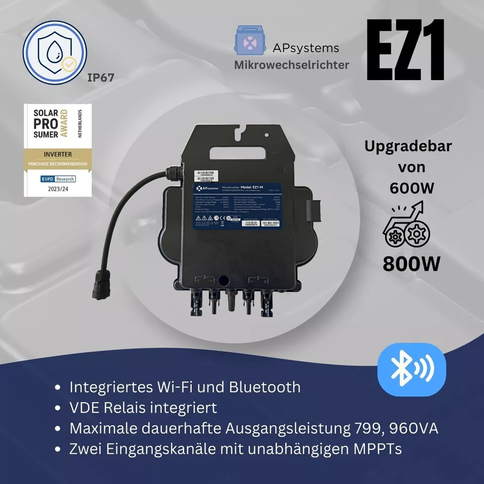 Balkonkraftwerk 800 Watt | APsystems EZ1-M Mikrowechselrichter | 2 x TENKA Bifaziales Glas Solarmodul 455W