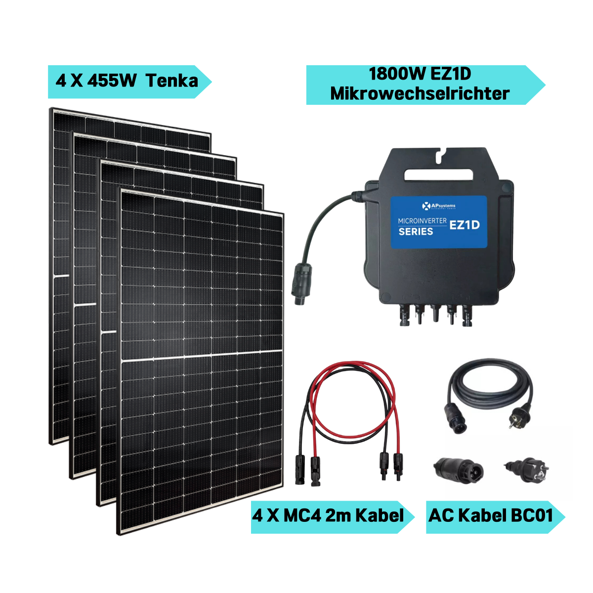 Balkonkraftwerk 1800 Watt APsystems EZ1D Wechselrichter l 4 x TENKA Bifaziales Glas Solarmodul 455W