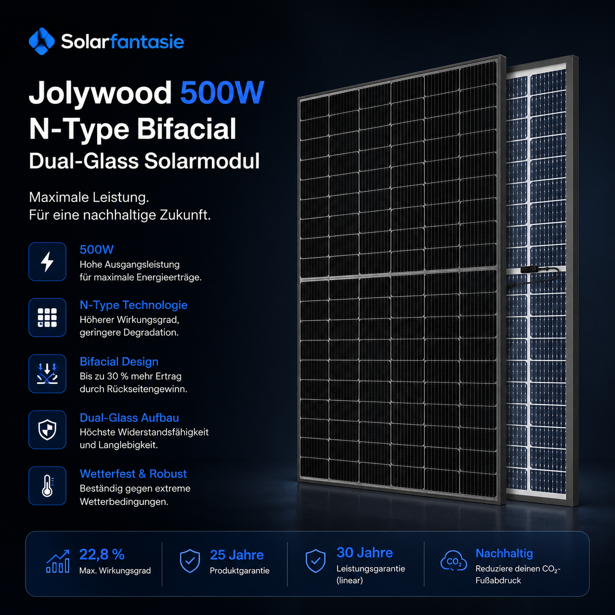 Jolywood 500W N-Type Bifacial Dual-Glass Solarmodul