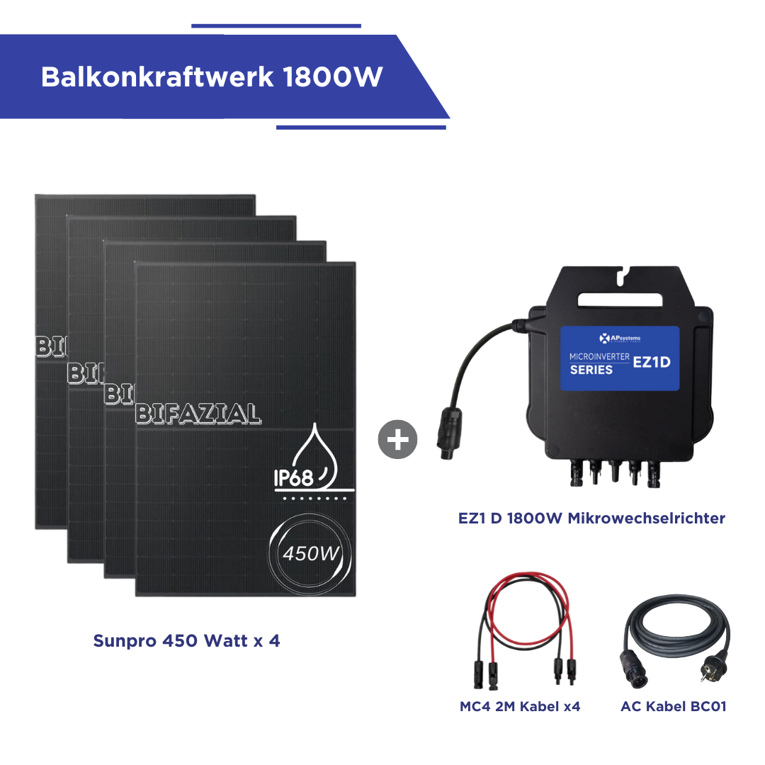 Balkonkraftwerk 1800 Watt l APsystems EZ1D Wechselrichter l 4 x Sunpro Bifaziales Glas Solarmodul 450W