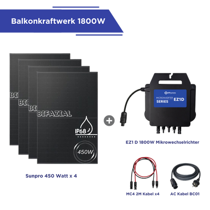 Balkonkraftwerk 1800 Watt l APsystems EZ1D Wechselrichter l 4 x Sunpro Bifaziales Glas Solarmodul 450W