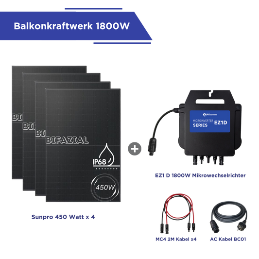 Balkonkraftwerk 1800 Watt l APsystems EZ1D Wechselrichter l 4 x Sunpro Bifaziales Glas Solarmodul 450W