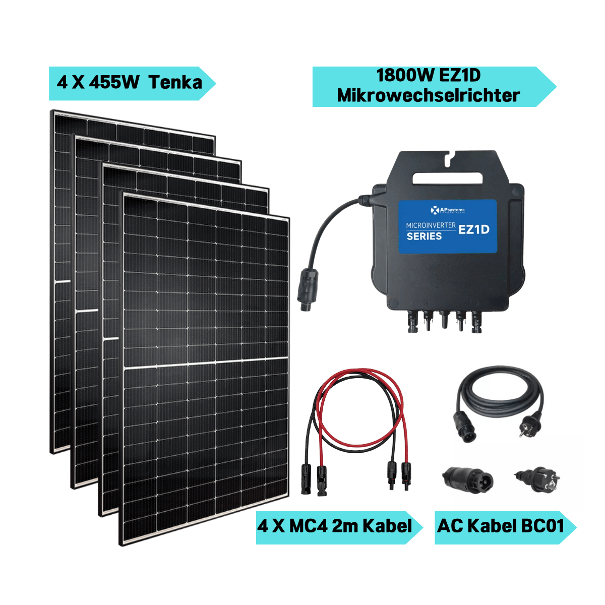 Balkonkraftwerk 1800 Watt APsystems EZ1D Wechselrichter l 4 x TENKA Bifaziales Glas Solarmodul 455W - Solarfantasie.de