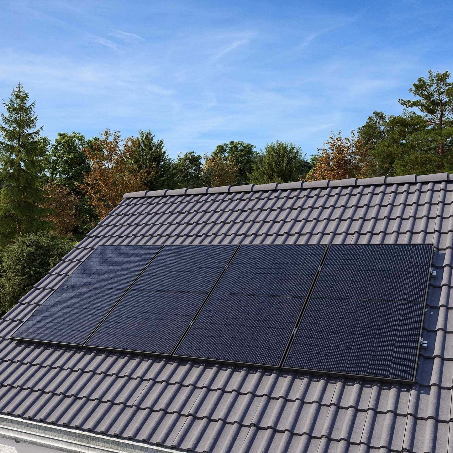 Vier Jolywood 500-Watt-Solarmodule auf Ziegeldach montiert