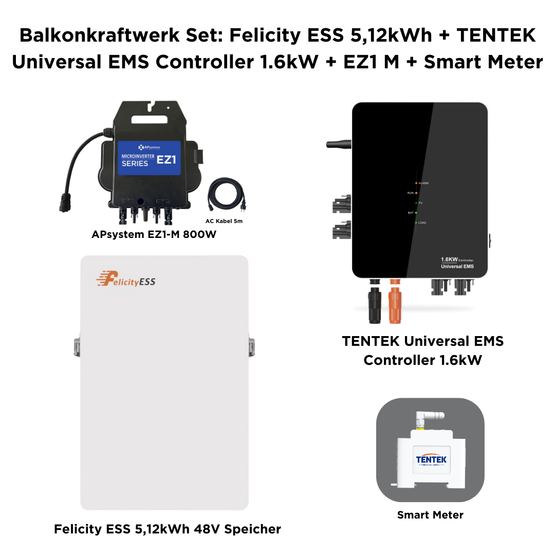 Felicity ESS 5,12kWh 48V Speicher + TENTEK Universal EMS Controller 1.6kW + EZ1 Mikrowechselrichter mit Smart Meter