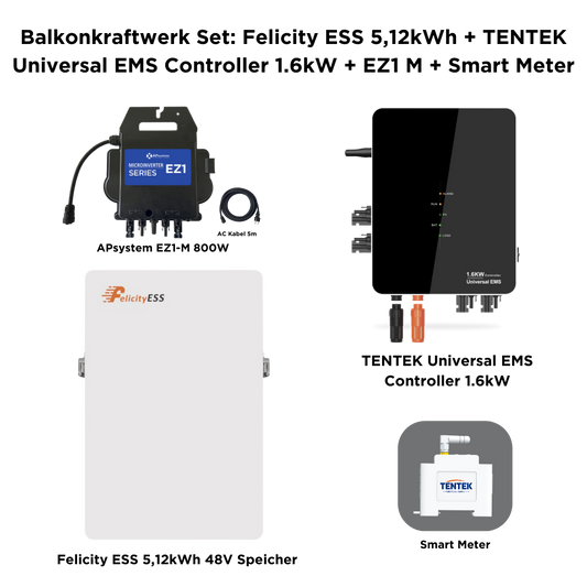 Felicity ESS 5,12kWh 48V Speicher + TENTEK Universal EMS Controller 1.6kW + EZ1 Mikrowechselrichter mit Smart Meter